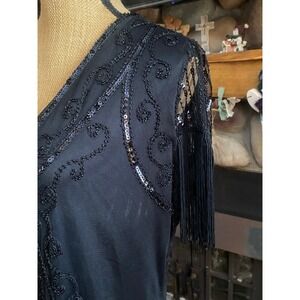 Black Beaded Fringe Flapper Dress Gatsby Art Deco Style Miss Chen New with Tags